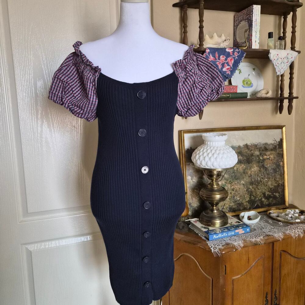 Maeve Anthropologie Rib Knit Navy Gingham Puff Sleeve Dress